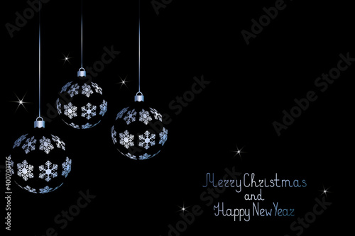 
Set of Christmas tree toys. Sapphire snowflake ornament. Glass ball. Festive postcard. Lettering and sequins. Merry Christmas and Happy New Year. Vector illustration. Isolated black background.