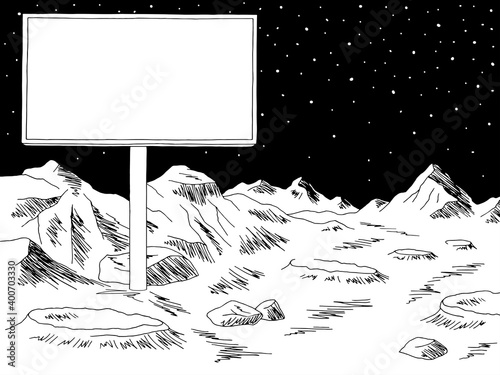 Alien planet billboard graphic black white space landscape sketch illustration vector 