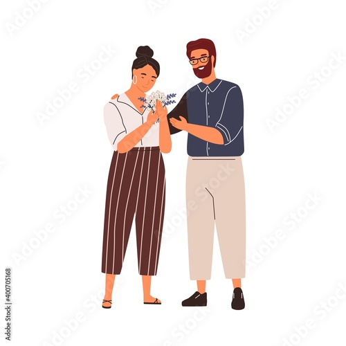 Happy couple hugging at romantic date vector flat illustration. Smiling woman with flower bouquet gift from boyfriend isolated on white. Cute young enamored partners. Scene of tenderness in family