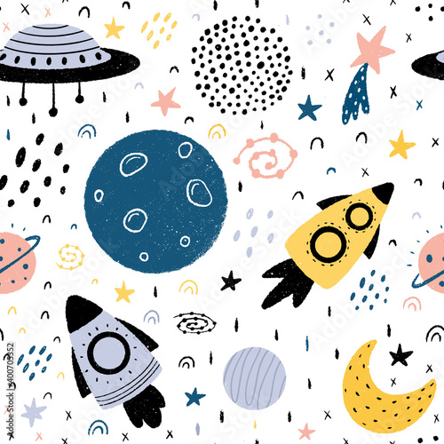 Space seamless pattern with spaceships, planets, moon, stars, stardust, galaxies and abstract elements. Hand drawn Scandinavian style vector illustration isolated on white background.