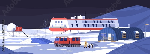 Remote antarctic polar station at night. Arctic landscape with icebreaker, shelter and North Pole researcher with penguins. Colored flat vector illustration