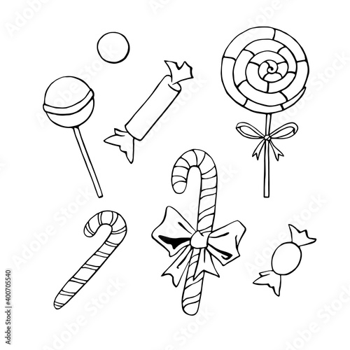 Set vector outline candy canes, sweets, lollipops. Simple hand drawn contour dessert in doodle style isolated on white background. Festive icon, clip art of sweet unhealthy food