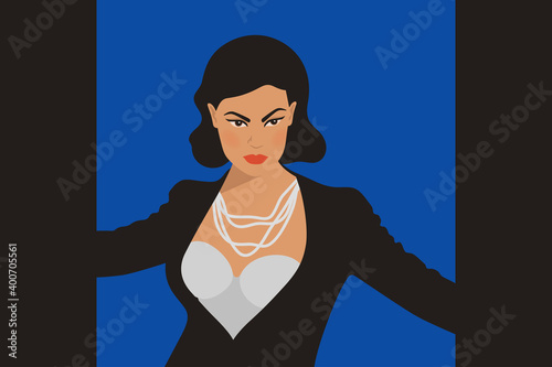 Beautiful woman with doe eyes, coral blush, standout lipstick, black hair and fierce expression wearing bustier and blazer jacket combination. Flat vector illustration.