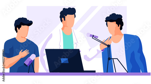 Man in medical gown records his voice into a microphone. Guys work with laptop in the studio. Doctor giving instructions to colleagues. People work and spend time together. Male characters make music