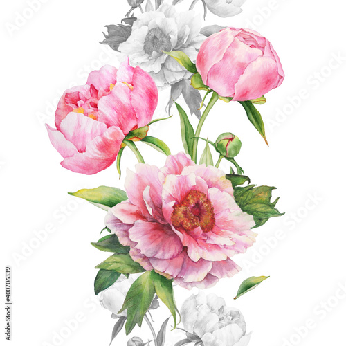 Seamless Border with Watercolor Pink Peonies