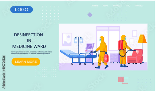 Desinfection in medicine ward landing page template with a description of the sanitary service. Man in a yellow protective suit disinfects the hospital room or office with a spray gun. Virus pandemic