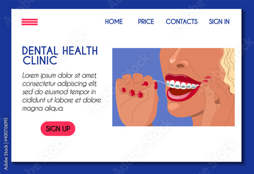 Website template for dental clinic. Tooth health oral hygiene bite correction orthodontics. Young woman with braces using dental floss  daily routine. Stock flat illustration concept for landing page.