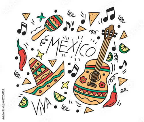 Cute hand drawing with doodle Mexico. Mariachi music, mexican style party, invitation, postcard from travel, nachos, lettering, cinco de mayo, guitar, festival, maracas, fiesta, sombrero, maracas