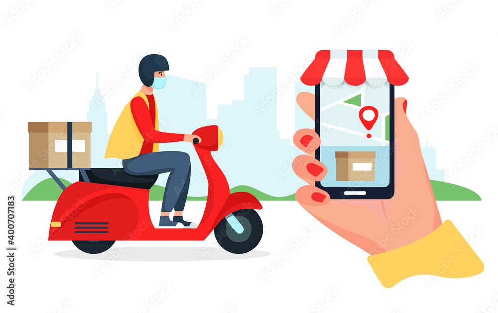 Obraz premium Safe delivery concept, delivery man on red scooter, moped, motorcycle. Vector illustration in flat style