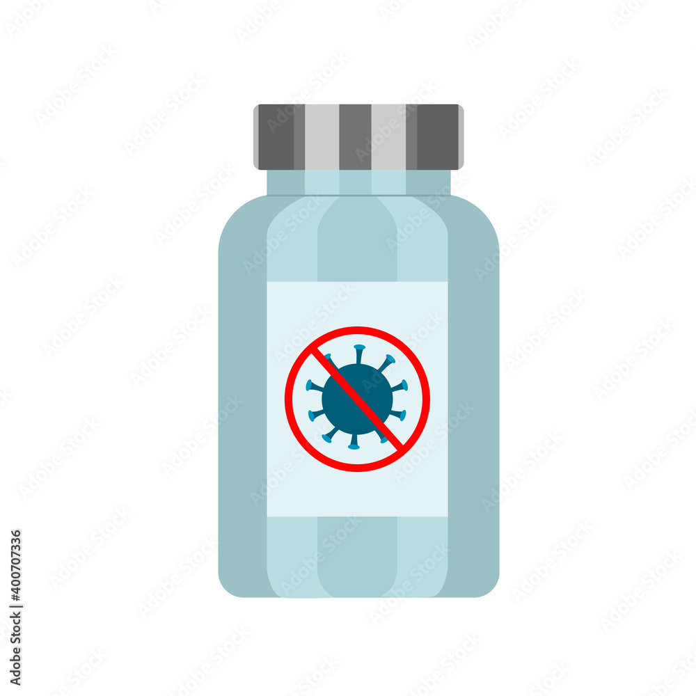 Fototapeta premium Bottle of pills from the coronavirus. Vector illustration of a blue pill box with a crossed out coronavirus sign on a white background