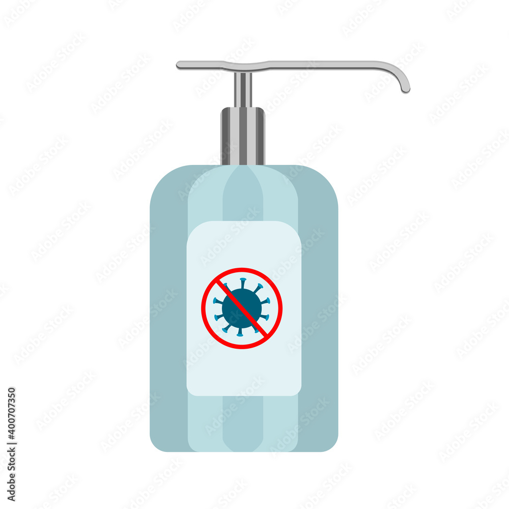 Obraz premium Packaging of gel with a dispenser for hand disinfection against coronavirus. Vector illustration of antiseptic in blue packaging on a white background