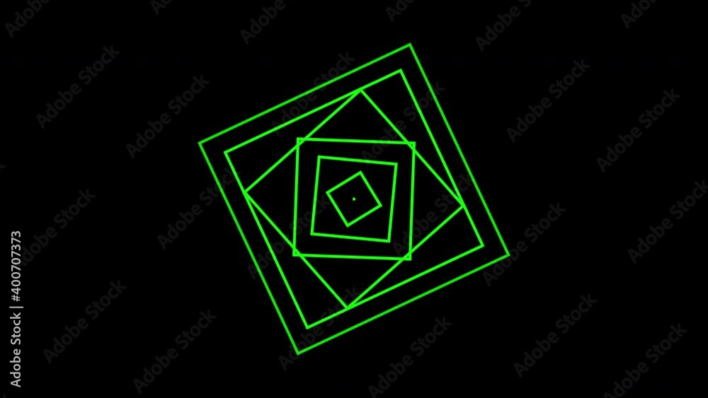 Green graphic object, placed in the center that duplicates and expands in concentric waves, while it rotates clockwise and increases the size, then continues with the generated effect. Green graphic object, placed in the center that duplicates and expands in concentric waves, while it rotates clockwise and increases the size, then continues with the generated effect.