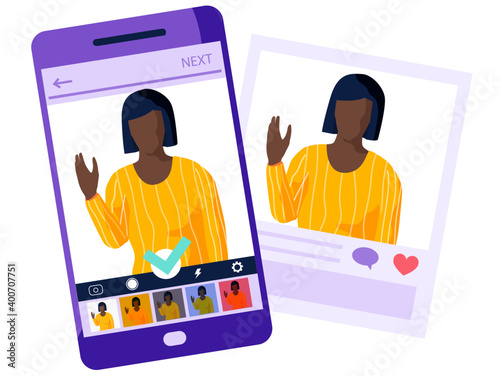 Afro american girl is waving hand on phone screen. Female character in a yellow sweater is standing and recording it. A person is watching broadcast from purple phone in processing application