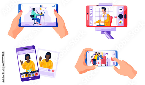 Set of pictures about different people, recorded on video on mobile phone. Female character in a yellow sweater is raising a hand. Person watching broadcast from purple phone in processing application