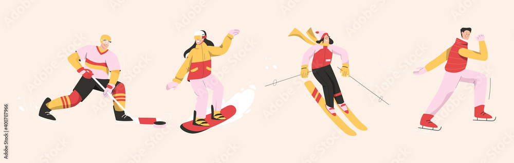 People doing winter sports. Hockey player, skating, ski, snowboard