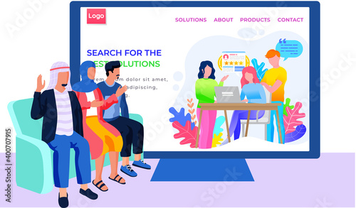 People of arab nationality are watching video on the screen. Persons in the video work at the laptop. Man and women are broadcasting online with using a laptop from website vector illustration