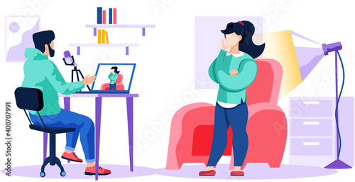 A man records a video while sitting at a laptop and watching a girl in green sweater near the light lamp and red sofa. Male character is recording his voice on the microphone vector illustration.