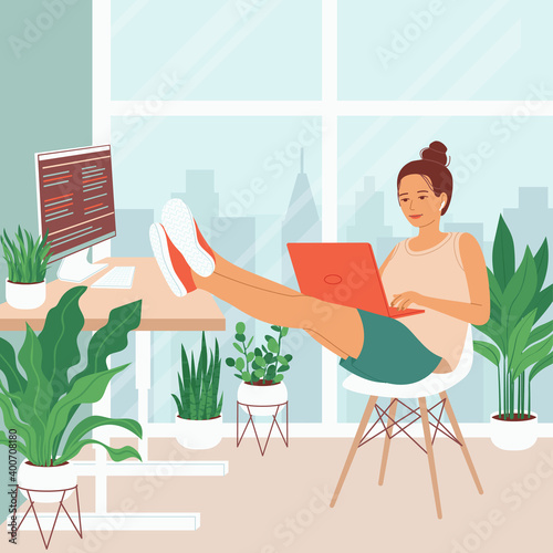 Young woman is sitting with a laptop in a room with a large window. Concept for remote work, freelancing, teaching, e-learning, from home office, workplace with indoor plants. Cozy vector illustration