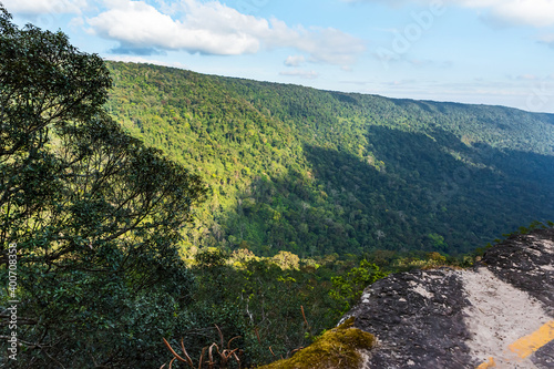 Beautiful scenery of tropical rainforest at Pha Diao Dai in Khao Yai National Park in Thailand, World Heritage Site, tall green trees in the mountains, blue sky and cumulus clouds. photo