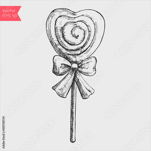 Heart Lollipops in hand drawn style. Spiral candies sketch
