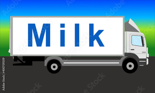 Nach rechts gerichteter weißer Lkw auf einer Straße mit der Aufschrift Milk und blau grünem Hintergrund mit Farbverlauf