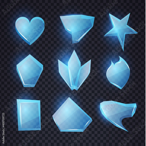 Cartoon blue glass banners set. Chrystal shapes. Transpatern glossy elements with light. Game design