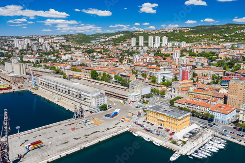 Croatia, city of Rijeka, aerial view of city center, marina and harbor from drone photo