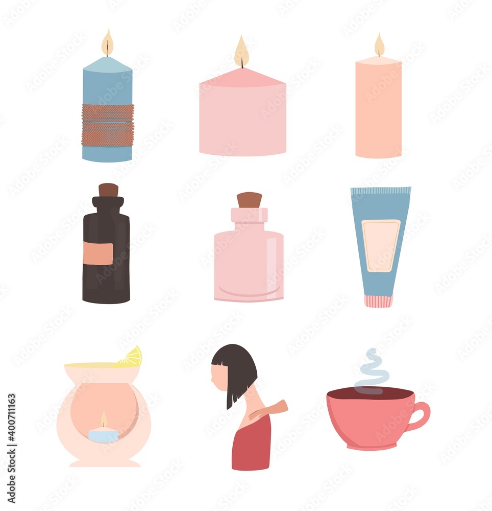 Set of flat vector illustrations of spa service. Items for spa treatments. Wellness center package of procedures and equipment. Hot stone massage, foot bath and green tea. Aromatherapy and fish peelin Set of flat vector illustrations of spa service. Items for spa treatments. Wellness center package of procedures and equipment. Hot stone massage, foot bath and green tea. Aromatherapy and fish peelin