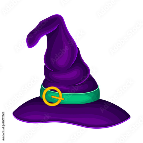 Witch Pointed Hat with Belt and Wide Brim Vector Illustration
