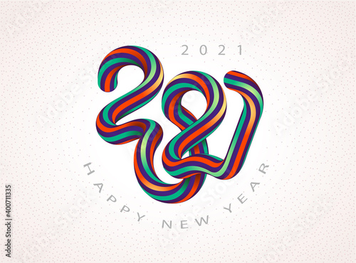 2021 Happy New Year logo colored swirly lines style text. 2021 number design template white and black background