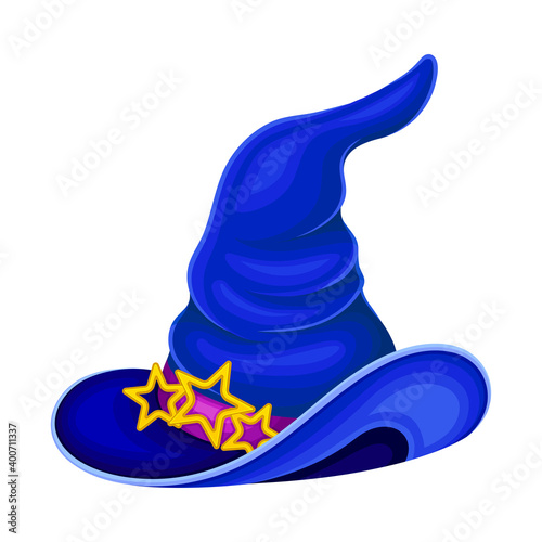 Wide Brimmed Witch Hat with Conical Crown and Ribbon Decorated with Stars Vector Illustration