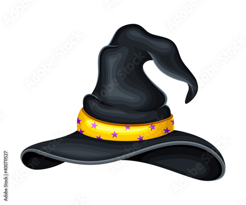 Witch Pointed Hat with Strap and Wide Brim Vector Illustration