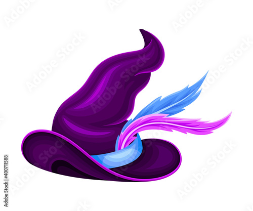 Witch Pointed Hat with Wide Brim and Strap Decorated with Feathers Vector Illustration