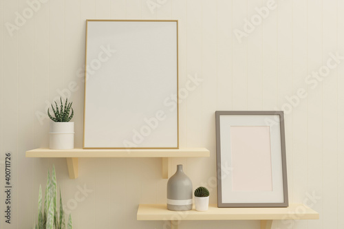 Fototapeta Naklejka Na Ścianę i Meble -  Picture frame placed on the shelf with flower pots.
