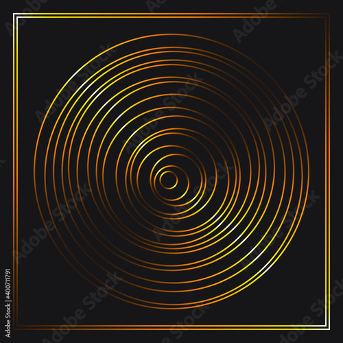 Golden circles one in another creating target. Random organization. Centered. Circles in golden frame over black. Illusion in tile.