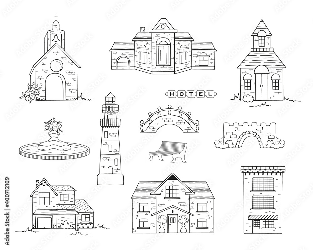 Buildings, chapel, hotel, cottage, bridges, lighthouse. Vector isolated architecture elements for decoration. Hand drawn apprtments, fountain, church, house.