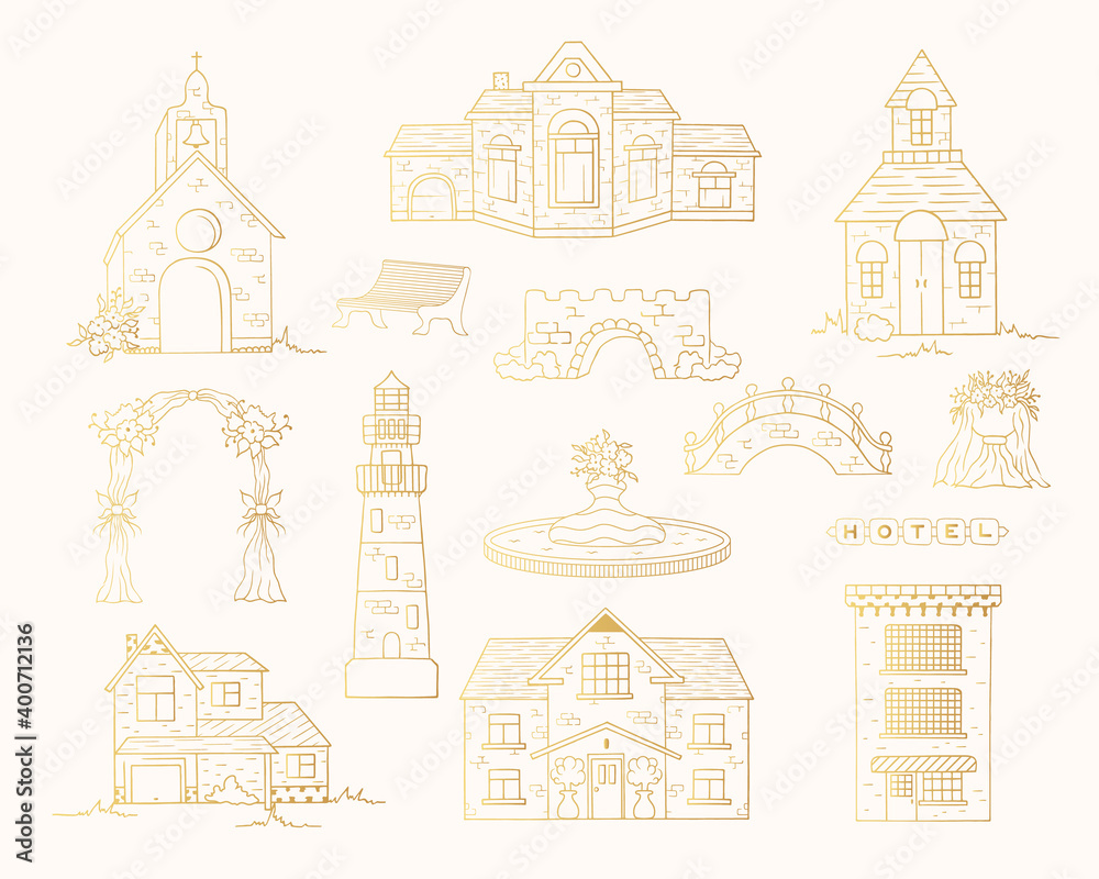 Golden buildings, chapel, hotel, cottage, bridges, lighthouse. Vector isolated architecture elements for decoration. Hand drawn gold apprtments, fountain, church, house.
