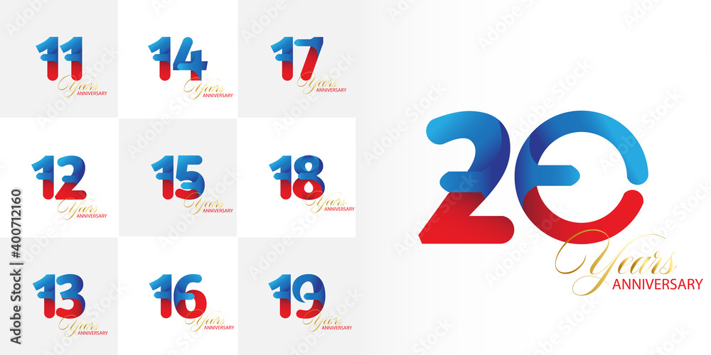 set 11, 12, 13, 14, 15, 16, 17, 18, 19, 20 Year Anniversary celebration Vector Template Design Illustration