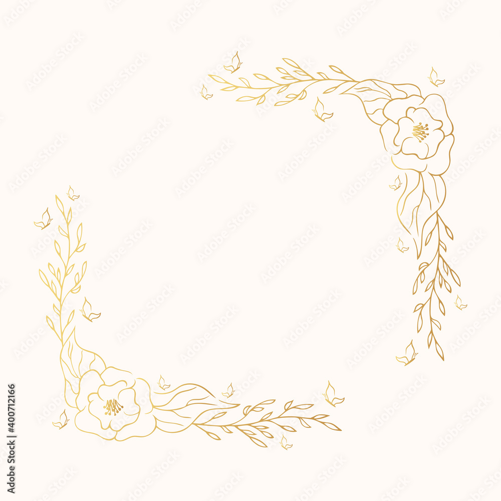 Vector isolated golden elegant flower border. Flourish square frame. Gold floral corner wreath for wedding card. Vector isolated golden elegant flower border. Flourish square frame. Gold floral corner wreath for wedding card.