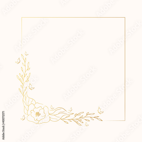 Gold floral corner wreath for wedding card. Vector isolated golden elegant flower border. Flourish square frame. 