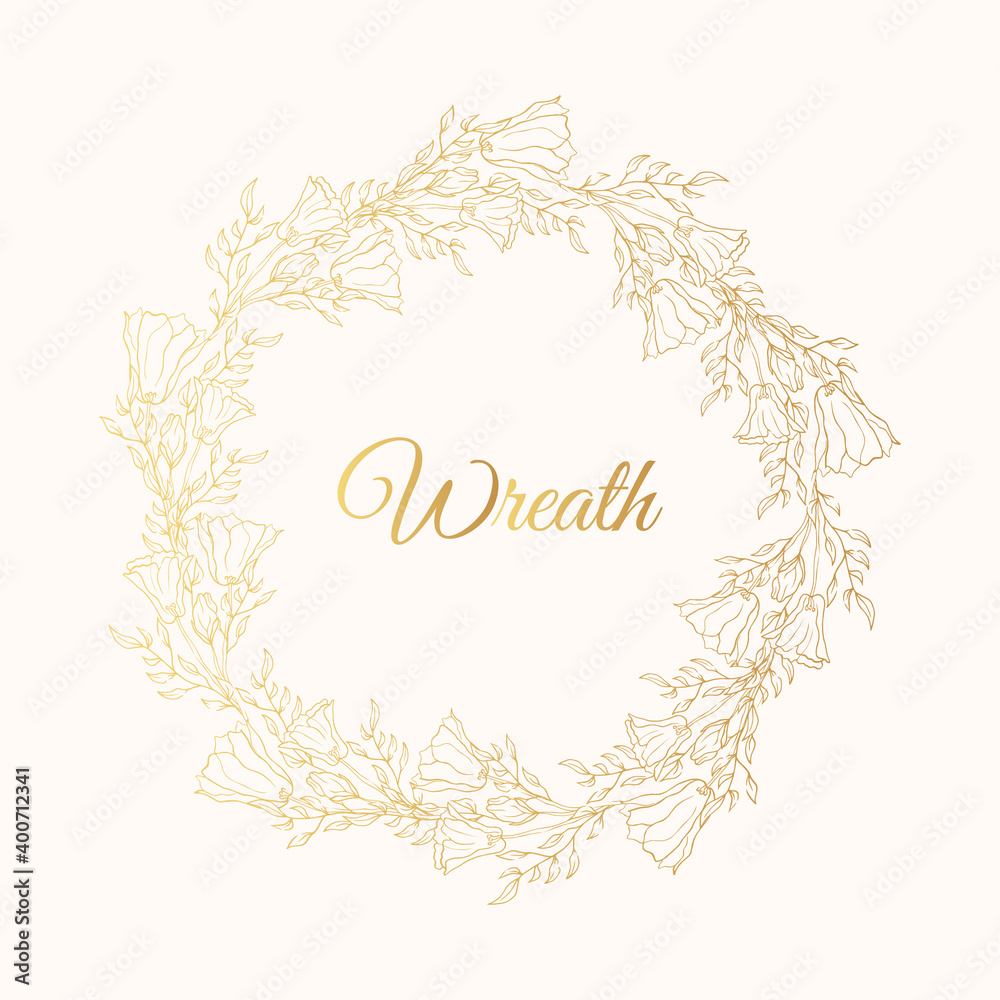 Golden flourish ornate wreath with flowers. Floral gold round frame for wedding card. Vector isolated elegant foliage border. 