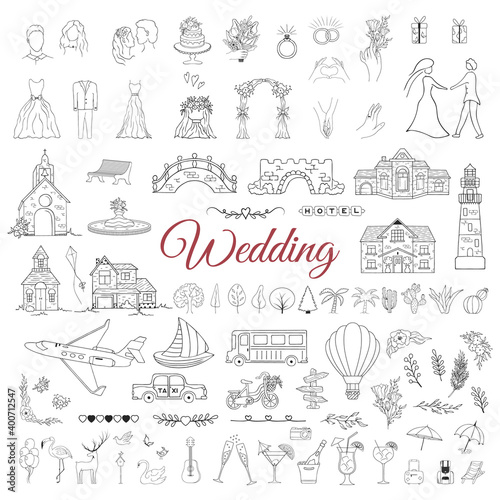 Wedding elements including bride, groom, floral branches, buildings for map creating. Vector isolated engagement decor. Hand drawn illustration for marrige ceremony.