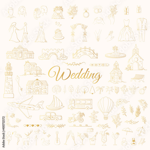 Wedding golden elements including bride, groom, floral branches, buildings for map creating. Vector isolated engagement gold decor. Hand drawn illustration for marrige ceremony.