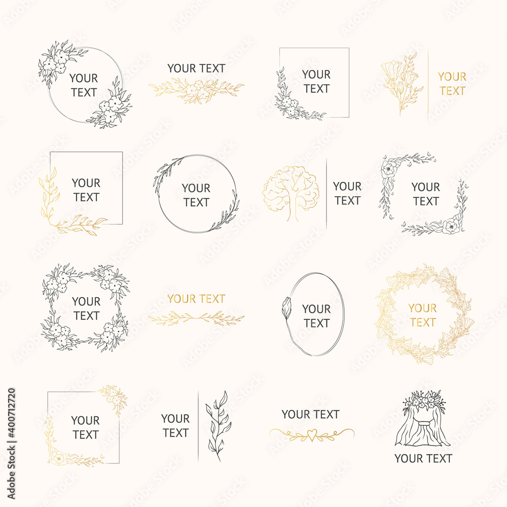 Vector isolated golden elegant foliage wedding badges. Hand drawn gold branding frames with flowers and floral branches for invitation cards. 