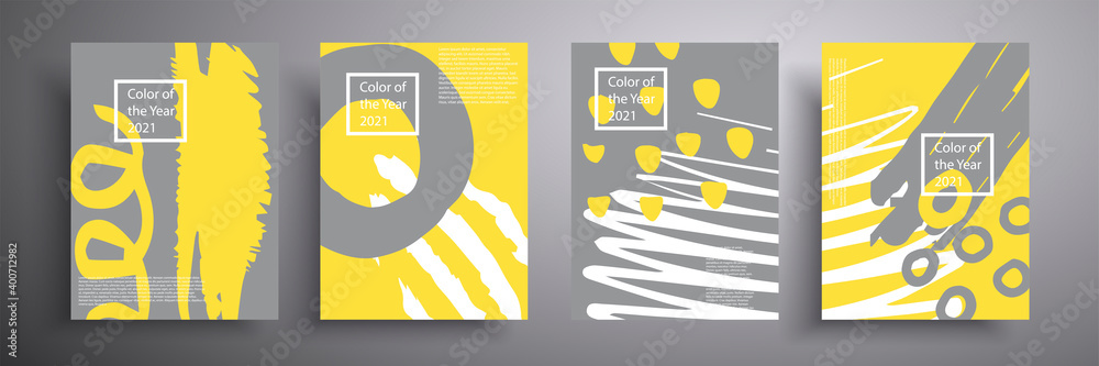 Set of geometric covers. Vector graphics. Trendy colors of 2021 year - gray and yellow. Modern abstract flyers, covers. - obrazy, fototapety, plakaty 