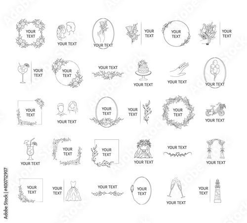 Big set of vector isolated elegant, foliage, fancy wedding badges. Hand drawn branding frames with flowers, floral branches, engagement elements, cocktails for invitation cards. 