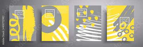 Set of geometric covers. Vector graphics. Trendy colors of 2021 year - gray and yellow. Modern abstract flyers, covers.