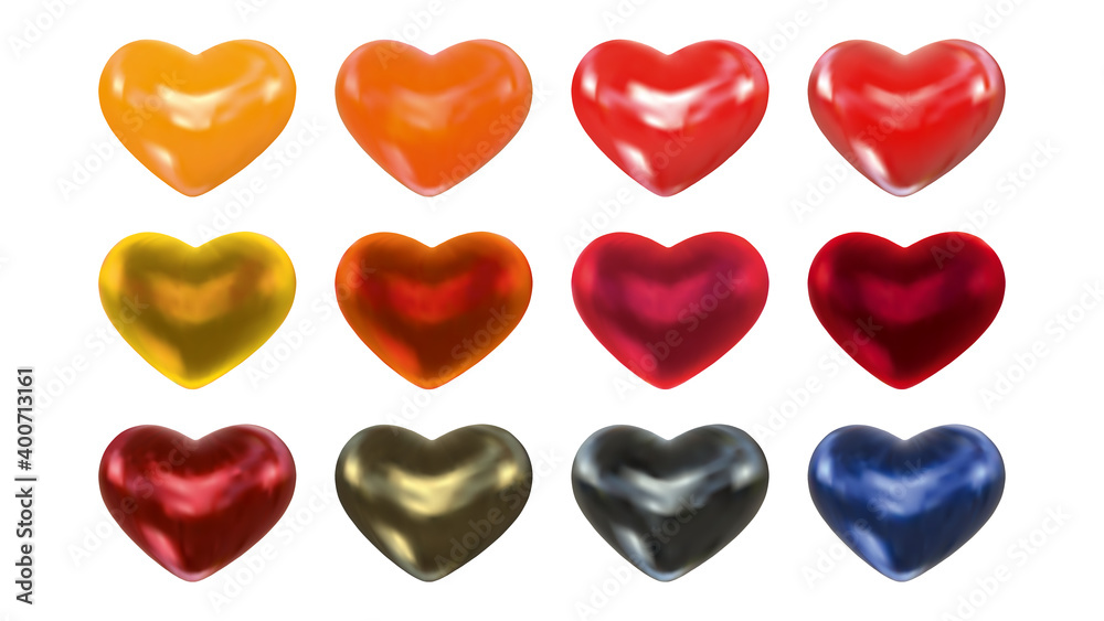 Set of realistic matte and glossy color hearts for Valentines Day isolated on white background. Romantic symbol of love with shiny heart shape. Vector illustration