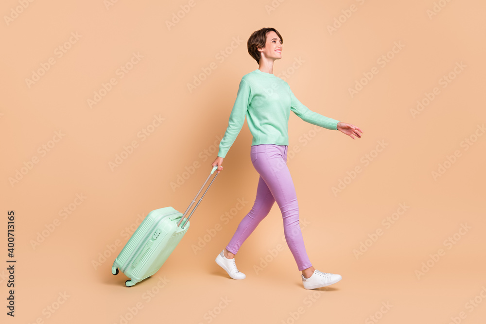 Full body profile side photo of young girl go walk registration hold baggage travel abroad weekend isolated over pastel color background