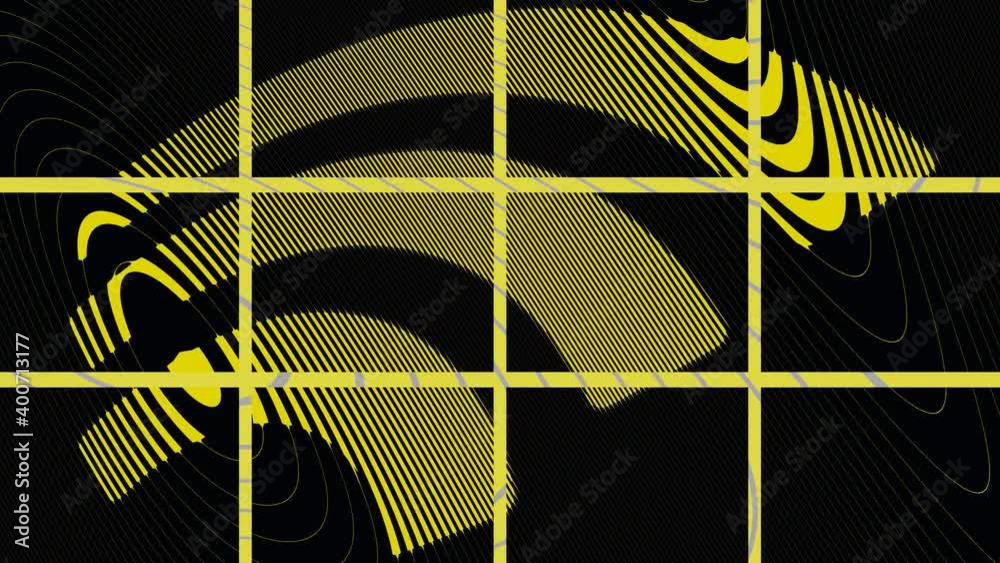 Stylische Animation des WiFi Icon`s in gelb & schwarz, elegante, gleichmäßige Bewegung des gelben Muster`s auf schwarzem Hintergrund, 3d gerndert Animation / Videoschleife